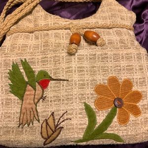 1970s purse embroidered and macrame trim handle